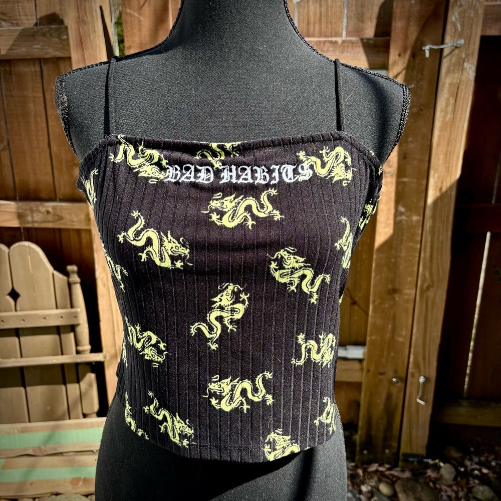 Rue21 Y2K “Bad Habits” Embroidered Cropped Tank Top 🐉Dragon Print Size XL 🐲